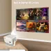 Front view of Magcubic L018 Projector displaying Android 14 media interface with colorful thumbnails on a beige wall.