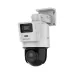 White Hikvision DS-2SE2C400MWG-E/14 PTZ camera with two lenses and a black dome, mounted on a wall bracket.