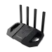 An angled view of the black ASUS TUF Gaming BE3600 Wi-Fi 7 Router with four external antennas and a modern, aggressive design.