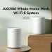 Two white cylindrical Cudy M1500 AX1500 Mesh Wi-Fi 6 nodes sitting on wooden furniture with marketing text above them.