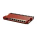 Front view of Mikrotik L009UiGS-RM Router showing eight Ethernet ports, USB port, and sleek red design.