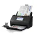 Epson WorkForce ES-580W document scanner with documents loaded for scanning and one in the output tray, angled front view.