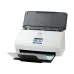 HP ScanJet Pro N4000 snw1 document scanner, white, with the ADF open, document tray extended, and screen visible.