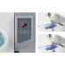 Close-up of Jack F6 Sewing Machine digital speed control panel with needle stitching blue fabric in action.