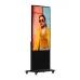 Front view of Hikvision DS-D6055UN-D/S Signage showing vertical display on wheels with vivid image of person in yellow jacket.