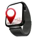 A sleek, black smartwatch with a mesh band displays a map with a large red location pin icon on its screen.
