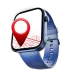 A square-faced smartwatch with a blue silicone band displays a map with a large red location pin icon on its screen.