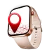 A rose gold smartwatch with a light pink silicone band displays a map with a large red location pin icon on its screen.