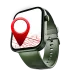 A dark green smartwatch with a silicone band displays a map with a large red location pin icon on its screen.