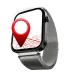 A black smartwatch with a silver mesh metal band displays a map with a large red location pin icon on its screen.