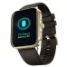A gold smartwatch with a dark brown silicone band. Its screen shows a glowing blue battery icon and 