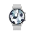 Front view of the BWOO BO-WA03 round smartwatch with a white band and a blue, geometric, analog watch face.