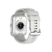 Bottom view of the silver BWOO BO-WA05 smartwatch with a white silicone band, showing the heart rate sensor and charging points.