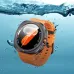 Angled view of the BWOO BO-WA09 smartwatch submerged in water, showing its orange honeycomb strap and watch face.