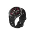 Angled view of the HiFuture VELA smartwatch with a dark gray bezel, round display with red accents, and a black perforated silicone strap.