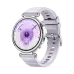 Top-down view of Huawei Watch GT 6 in lavender band showing purple-themed interface with distance and time markers.