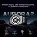 Weofly Aurora 2 smart watch shown in a close-up display against a dark mountain-themed backdrop highlighting its clarity and rugged design.