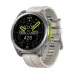 A rugged silver and white smartwatch with a white silicone band and a neon green accent, displaying a fitness watch face.