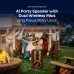 Outdoor night view of Anker Soundcore Rave 3S Speaker with LED lights and people singing using dual wireless microphones.