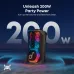 Angled view of Anker Soundcore Rave 3S Speaker on sand with colorful LED lights and 200W party power promotion.