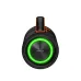 Top-down view of a Recci RSK-W49 portable speaker featuring a vibrant green LED ring light, a textured black mesh body, and a convenient orange-lined carry handle.