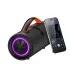 Side view of the Recci wireless speaker with a purple LED light ring, shown next to a smartphone to illustrate its scale and Bluetooth connectivity features.