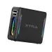 Front view of XTRA V100 Pro speaker with RGB lighting around driver and side strips plus metallic carry loop.