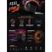 Promotional view of XTRA V100 Pro speaker with RGB lighting and dual wireless microphones against fiery background.
