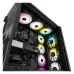 A fully built gaming PC with a black case, multiple RGB fans, an AIO cooler, and a graphics card.