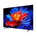 Front view of the TCL 65P8K TV displaying vivid butterfly artwork on a thin bezel screen with angled dual stand legs.