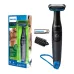 Kit view of Philips BG1025/15 Trimmer Series 1000 with blue trimming head, comb, AA battery, and branded packaging.