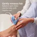 Lifestyle view of Philips BRE228/00 Epilator in use on lower leg, showing corded design for gentle and comfortable hair removal.