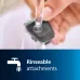 Feature view of Philips MG3710/33 Trimmer attachment rinsed under running water, emphasizing rinseable and easy-clean design.