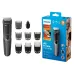 Kit view of Philips MG3747/13 Trimmer Series 3000 showing nine attachments, nose trimmer, combs, and packaging with features.