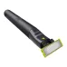 Close-up of Philips OneBlade QP1424/10 Trimmer showing sleek black handle, lime green blade edges, and ergonomic grip design.