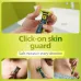 Usage view of Philips OneBlade QP2824/10 Trimmer with click-on skin guard used on chest, underarm, and abdomen.