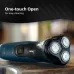 Product view of Philips S1151/00 Shaver 1000 Series on wooden surface with water droplets, showing one-touch open cleaning.