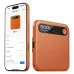 Front view of the Boya Notra AI Voice Recorder shown beside a smartphone app screen with the orange recorder displayed upright.