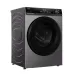Front view of Haier 12 KG Front Load Washing Machine in metallic gray with large circular black door and sleek design.