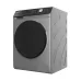 Angled front view of Hitachi 8KG Front Load Washing Machine with sleek silver finish and large circular door.