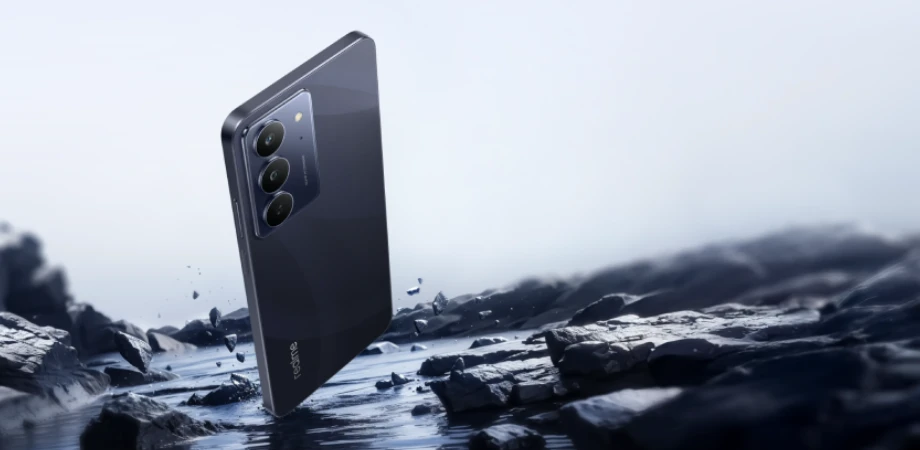 Realme C75x smartphone with triple rear cameras, floating above rocky terrain with misty background, showcasing rugged design, sleek design, and elegant backdrop for stylish showcase.