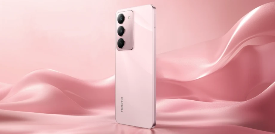 Realme C75x smartphone in pink with triple rear cameras, sleek design, and elegant backdrop for stylish showcase.
