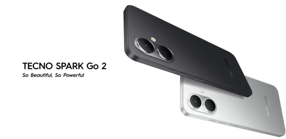 TECNO SPARK Go 2 smartphones in black & silver, showcasing dual rear cameras & sleek design with